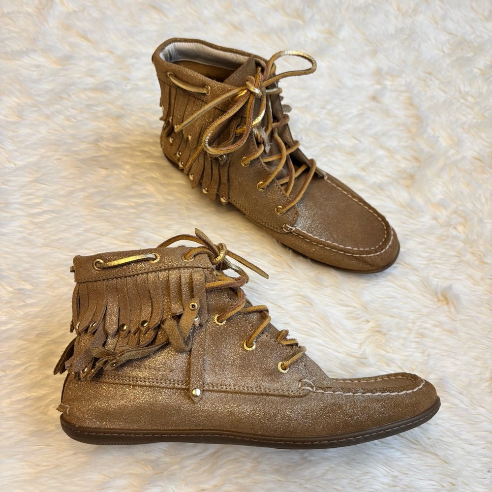 Sperry Fringe Gold Fringed Lace Up Leather High Top Moccasins Booties Women 6.5